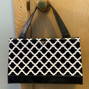 Vintage Black Leather Handbag with Applied White Geometric Design Detail